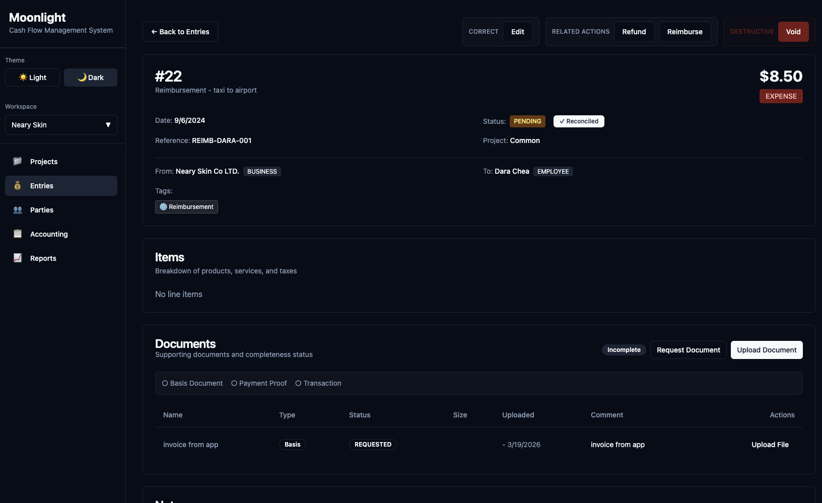 Entry detail with documents, completeness status, and action buttons